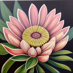 an abstract painting of a flower with leaves on the bottom,there is a colorful painting on display on the wall