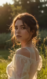a woman sitting on top of a field