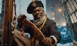 a man holding an arrow in front of a store
