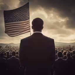 man in suit standing near an american flag and mountains