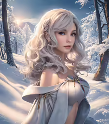 a painting of a lady in a winter forest
