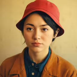 a woman wearing a brown jacket and red hat
