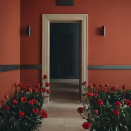 flowers line the entrance to a long red building