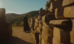 a man looks over a large pile of stone blocks