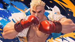 a male boxer in red boxing gloves is wearing a red glove and white shirt