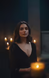 a woman sitting down in front of candles