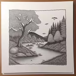 a drawing of a river and forest with birds flying by,a drawing of an image of a lake,a hand drawn image of a river and trees,a picture of a river with trees in the background,a drawing of a landscape in gray and white