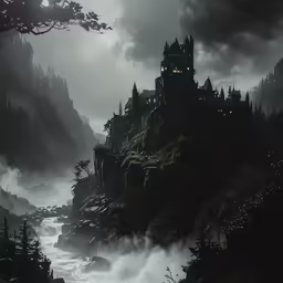a castle is built onto a hillside on a foggy day