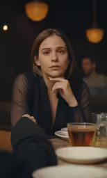 a woman sitting at a table in front of a cup
