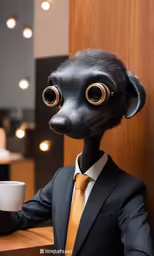 an alien in a suit holds up a cup with coffee
