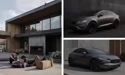 three photographs of two people sitting outside of a house and one in front of a grey, modern car and another looking at something