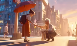 an older woman is giving something to a young girl