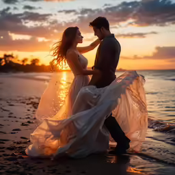 the man and woman are dancing on the beach