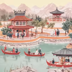 an illustration showing people riding a red boat