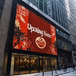 people walking down a snowy street near a large sign