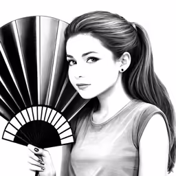 a woman holding a fan with long hair
