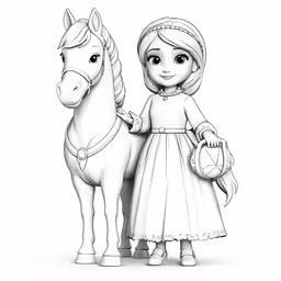a cute cartoon girl in white is holding a horse