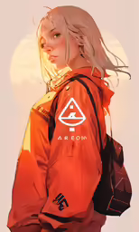the face of a female in an orange coat