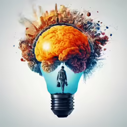 an image of a man standing inside of a light bulb with the brain coming out