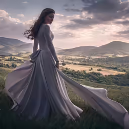 woman with flowing white dress stands in an unmodified field