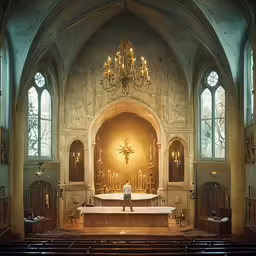 a person sitting on a bench at the alter of a church