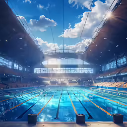 a swimming pool is shown from the back, with an upper level swimming area, blue skies and a lot of windows