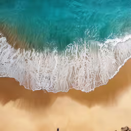 two beach goers stand on the shore of a body of water