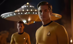 two people standing in front of a large spaceship