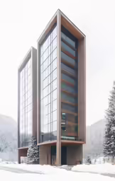 two windows on a building with snow on the ground
