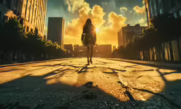 a person stands on the road as the sun goes down