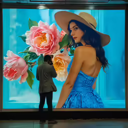 a man looking at an artwork of a woman in front of a wall of flowers