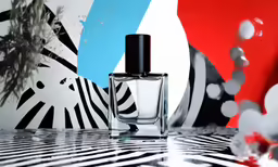 the perfume bottle is near a wall decoration