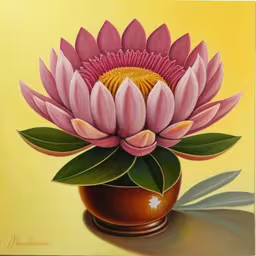 a painting of pink flower in a pot on a yellow background,painting of pink flower sitting on yellow surface