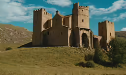a tall stone building sitting on top of a hill