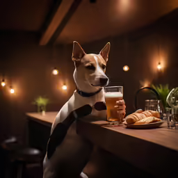 a dog standing on top of a bar drinking beer