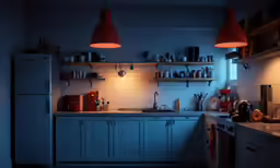 a kitchen with red lights and many items