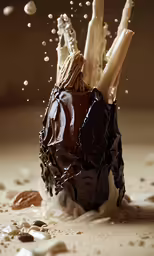 a chocolate pastry being dunked into chocolate syrup