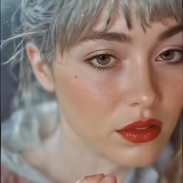 a woman with short hair and orange lipstick