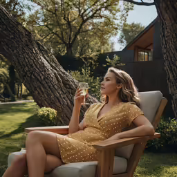 a woman sitting in a chair holding a wine glass