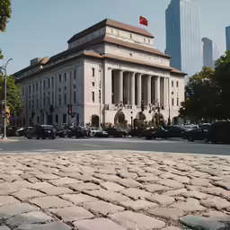 the building at the corner of an old stone street in front of tall buildings with red flags on them