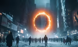 a crowd of people walking across a snowy street next to tall buildings