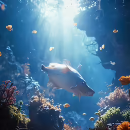 a fish swimming near some very colorful corals