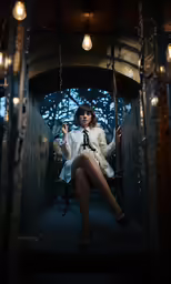a woman in a white dress is sitting on a swing