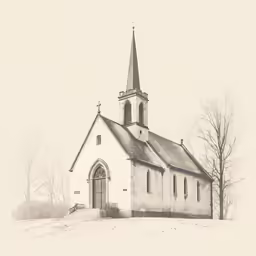 an image of a black and white church in the snow