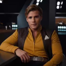 a person wearing a brown shirt and a black vest