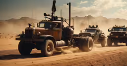 army trucks with tanks driving in the sand,two military trucks traveling in the desert on a road