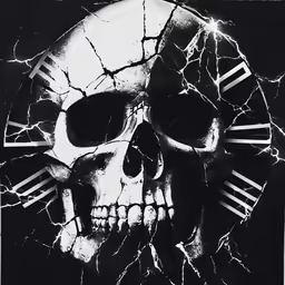a skull with gears on its face is shown in black