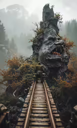 a train track running through a forest covered in trees