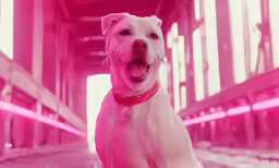 a white dog with pink lights is on the bridge
