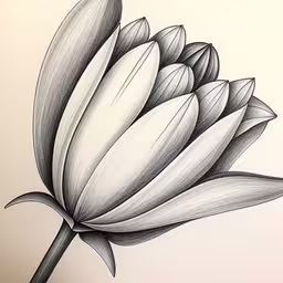 the drawing shows black and white flowers on a white background,a drawing of a flower with large petals,a drawing of a flower is shown here,a drawing of a single flower with black and white,a large flower with leaves drawn on it